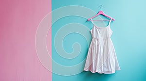 women\'s clothing white summer dress on a pink-blue background, copy space