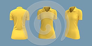Women`s collared t-shirt mockup, front, side and back views, design presentation for print, 3d illustration, 3d rendering