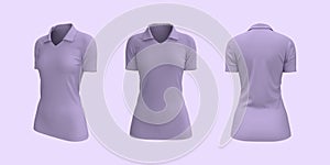 Women`s collared t-shirt mockup, front, side and back views, design presentation for print, 3d illustration, 3d rendering