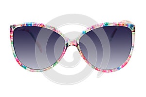 Women's colorful sunglasses on white background