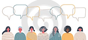 Women`s community. Social concept. Communication. People icons with speech bubbles