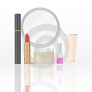 Women`s cosmetics. a set of female cosmetics. Mirror, lipstick, face cream, mascara.