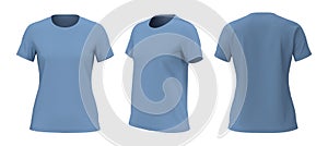 Women`s crewneck t-shirt mockup, front, side and back views, design presentation for print, 3d illustration