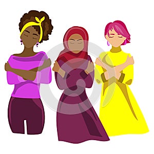 Women's Day 2023 banner.Embrace Equity concept Group of diverse women hugging themselves.Activism concept embrace