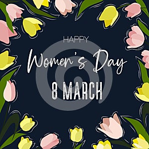 Women Day greeting card with hand drawn flowers background.