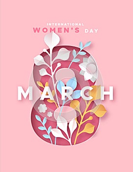 Women`s day 8 march pink papercut nature card