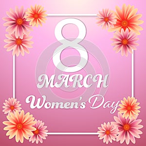 Women`s day 8 March text lettering and flower pink Background