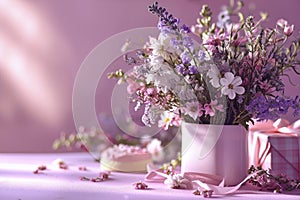 Women\'s Day, a beautiful bouquet of wild flowers and a cake on a pink background,