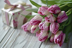 women\'s day, bouquet of beautiful tulip flowers and gift box on a white wooden table.