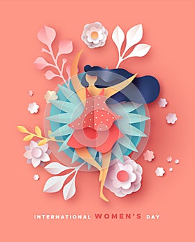 Women`s day card happy papercut flower woman