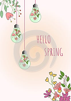 Women\'s Day card with spring flowers and light bulbs with flowers