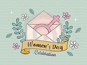 Women's Day Celebration Concept With Pink Venus Symbol Inside Envelope On Floral Decorated