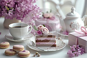 Women\'s Day, Delicious cake, tea and gifts, a bouquet of spring flowers on a light background.