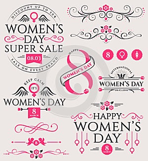 Women`s Day design elements and sale badge.