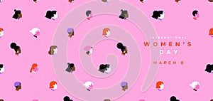 Women\'s Day diverse pink woman face cartoon card