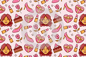 Women\'s day. Faces, cakes, drinks, lipsticks, high heels, gifts and flowers seamless pattern icons