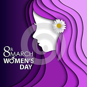 Women's Day greeting card with flower in ear on purple background with design of a women face and text 8th March Women Day photo