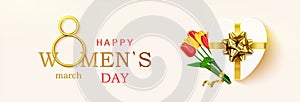 Women's Day greeting card, horizontal banner. Postcard on March 8 with gift box and bouquet tulips.