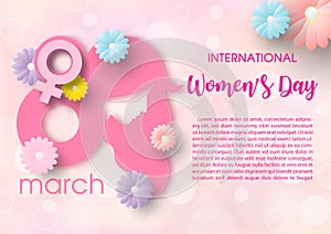 Women`s day greeting card in papercut style and vector design