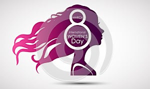 Women's Day greeting card on purple background with design of a women face and text 8th March Women Day