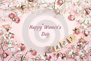 Women`s Day greeting message with floral frame and date. Flat la