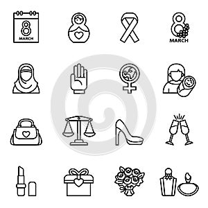 Women`s day icon set. Thin Line Style stock vector.