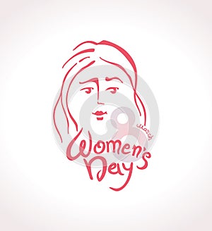 Women`s Day linear modern vector template with lettering design 8 march and female face. Elegant greeting card International Women