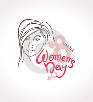 Women`s Day linear modern vector template with lettering design 8 march and female face. Elegant greeting card International Women