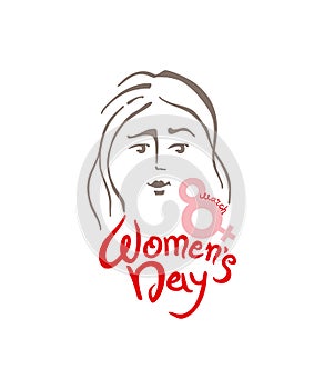 Women`s Day linear modern vector template with lettering design 8 march and female face. Elegant greeting card International Women