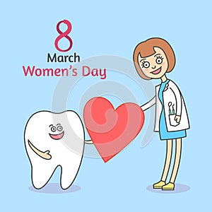 Women`s Day March 8. Cartoon tooth holding a heart and gives it to woman.