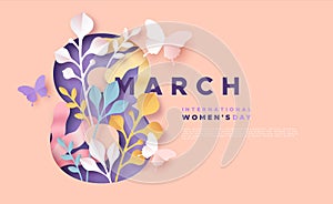 Women`s day 8 march pink papercut spring card photo