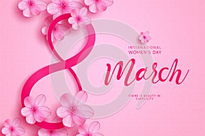 Women`s day march 8 vector background design. Happy women`s day text with cherry blossom flower elements