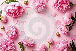 Women's Day, Mother's day top view, light pink solid background; frame from pink pions flowers, studio light