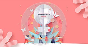 Women`s day paper cut card of girl team together