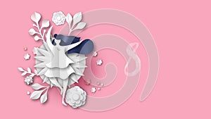 Women`s day papercut pink spring flower video card