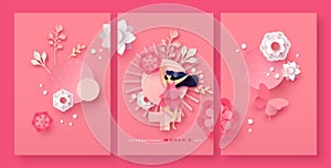Women`s day papercut spring flower woman card set