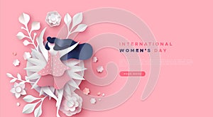 Women`s day pink papercut floral girl web template