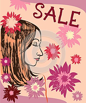 Women`s Day sale. Typographic banner. Sale percents.Pop Art illustration of girl