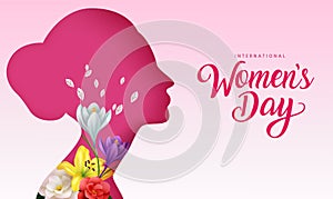 Women\'s day text vector design. International women\'s day with girl side face silhouette with flower elements