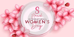 Women`s day vector design. International womens day greeting text in circle white space with flowers feminine element for march.