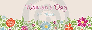 Women`s Day - vintage card with hand drawn flowers.