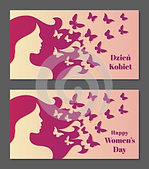 Women\'s Day. Woman\'s hair turned into Butterflies. Polish and english version.