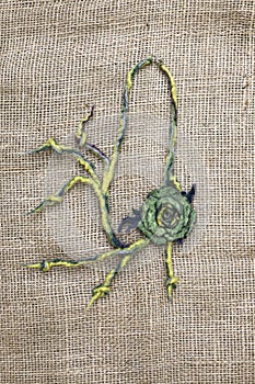 Women`s decoration of felted wool on burlap.