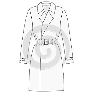 Women\'s double-breasted trench coat vector design, Women long coat, vector illustration, flat technical drawing. photo