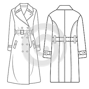 Women\'s double-breasted trench coat vector design, Women long coat, vector illustration, flat technical drawing. photo