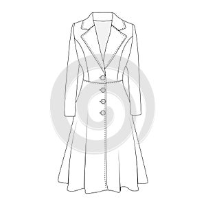 Women\'s double-breasted trench coat vector design, Women long coat, vector illustration, flat technical drawing. photo