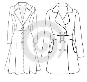 Women\'s double-breasted trench coat vector design, Women long coat, vector illustration, flat technical drawing. photo