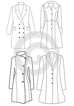 Women\'s double-breasted trench coat vector design, Women long coat, vector illustration, flat technical drawing. photo