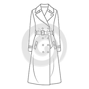 Women\'s double-breasted trench coat vector design, Women long coat, vector illustration, flat technical drawing. photo