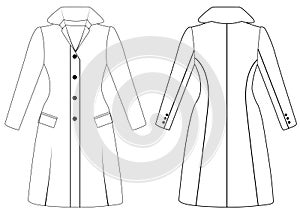 Women\'s double-breasted trench coat vector design, Women long coat, vector illustration, flat technical drawing. photo